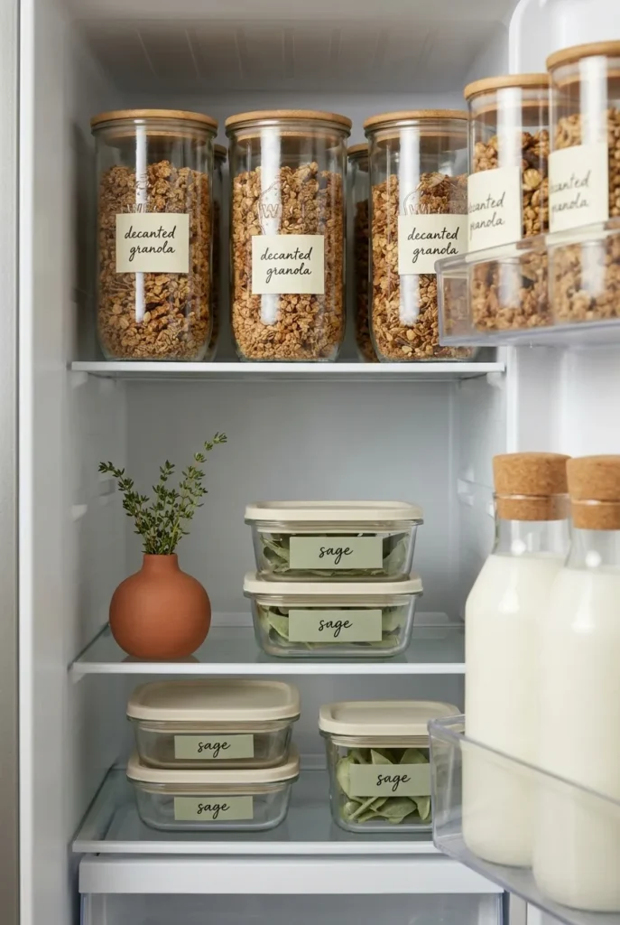 Aesthetic fridge organization with decanted glass jars, unified labels, and a bud vase of fresh herbs.