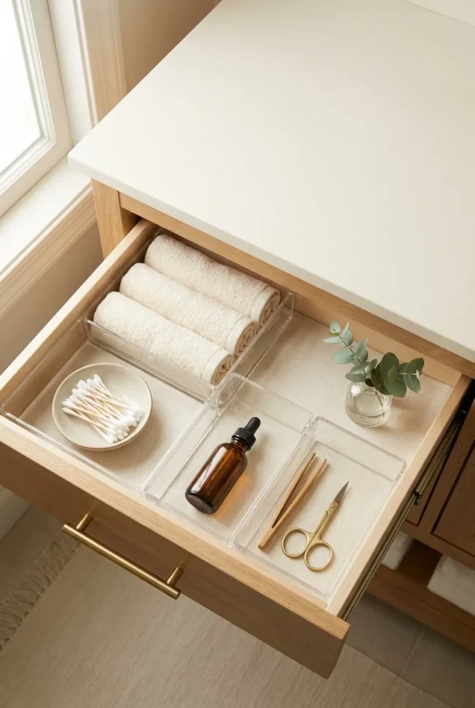 Bathroom drawer organization overhead shot with acrylic dividers, rolled washcloths and eucalyptus on white oak vanity.