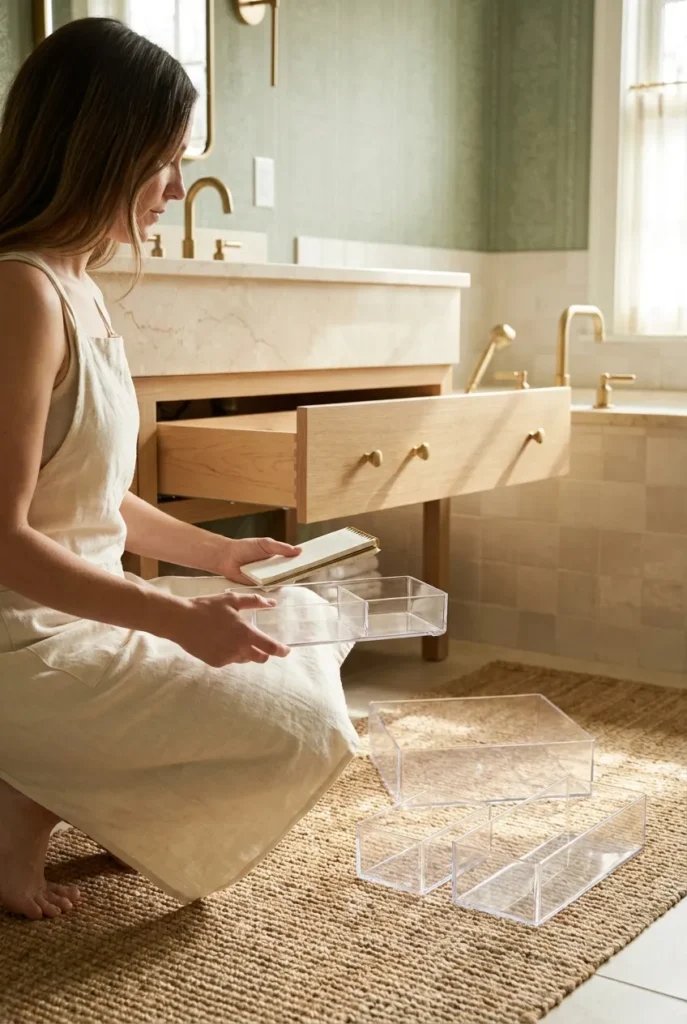 Woman comparing acrylic drawer organizers before starting bathroom drawer organization project.