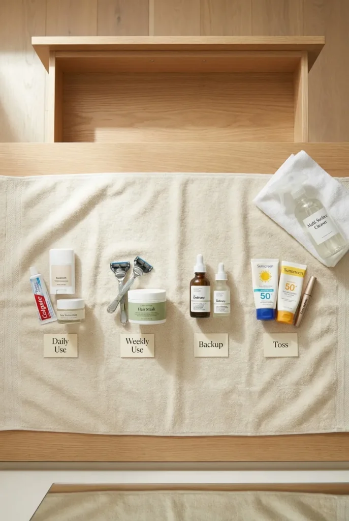 Bathroom drawer organization reset showing daily use, weekly use, backup, and toss piles on a sunlit vanity.