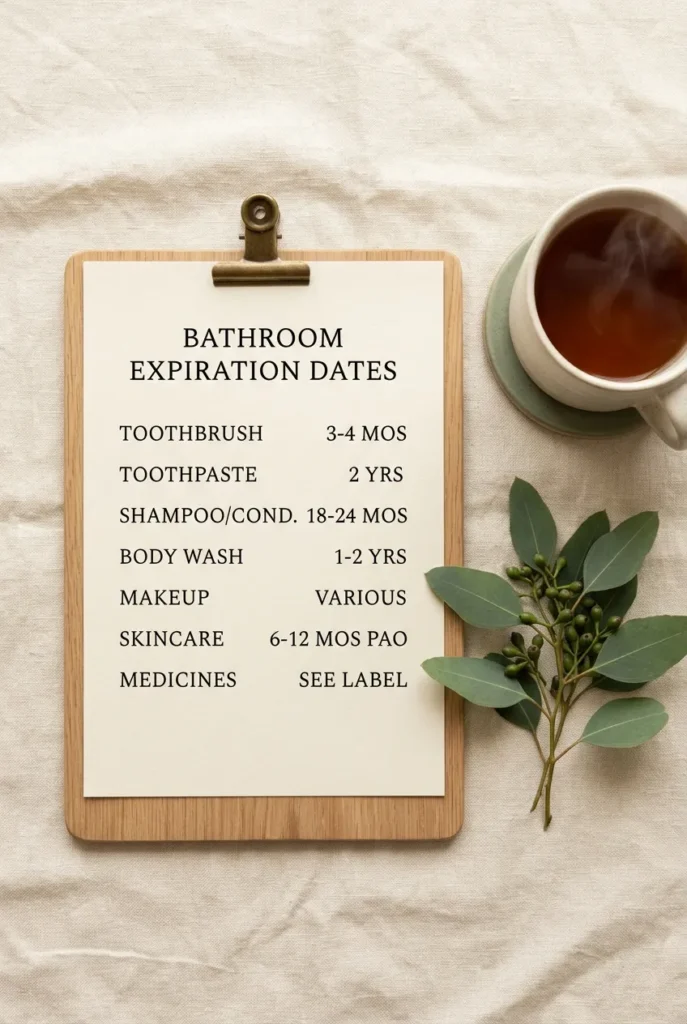 Printable bathroom expiration date cheat sheet clipped to a wooden clipboard on a cream linen surface.