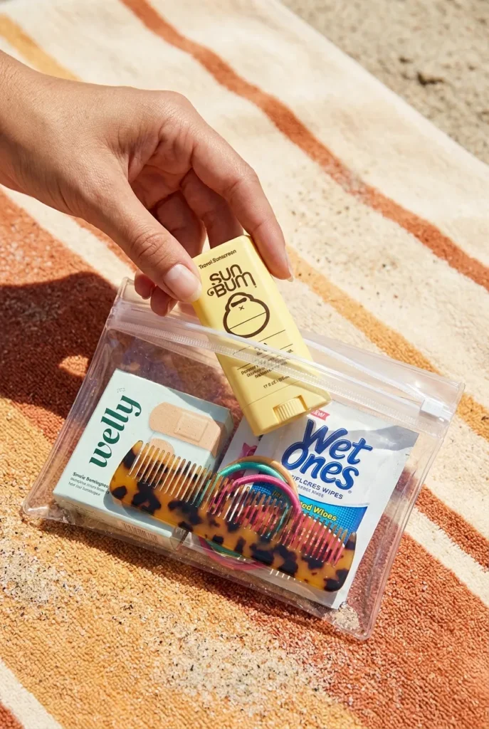 Beach bag organization grab-and-go essentials kit with sunscreen, wipes, and first aid