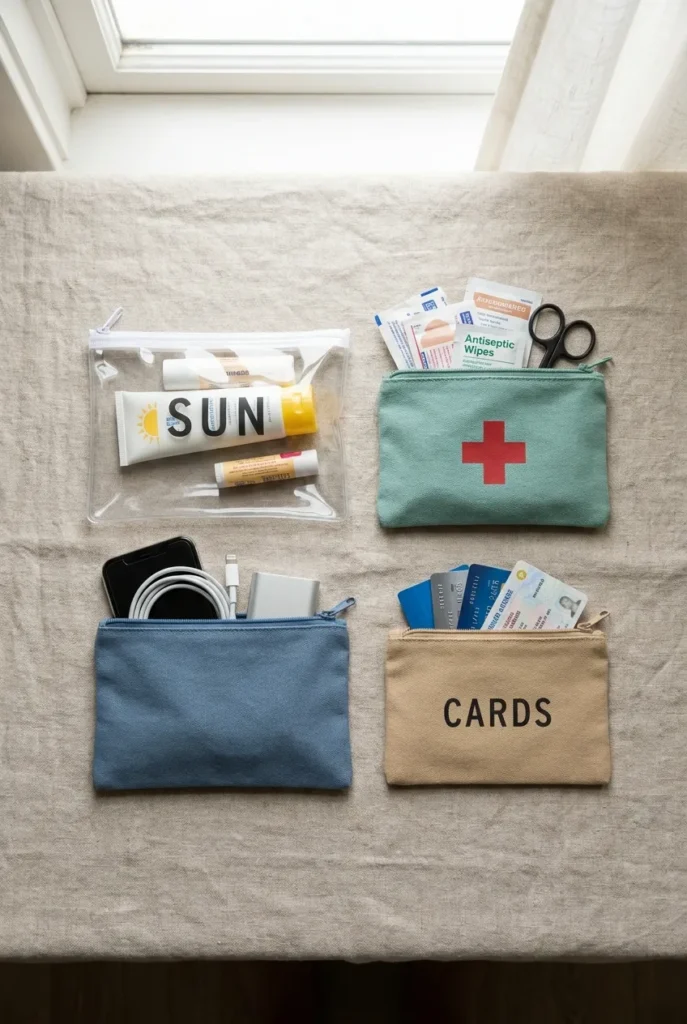 Beach bag essentials sorted into four labeled organizing pouches for easy packing