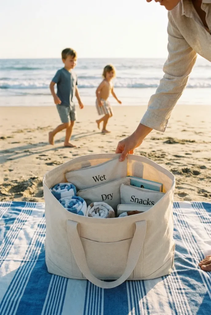 Beach bag organization in action on a calm family beach day at golden hour