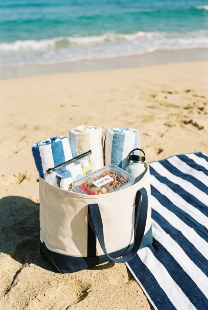 Beach bag organization layout in an open tote on golden sand with towels and pouches