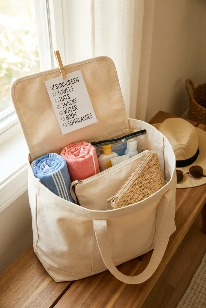 Beach bag organization visible packing list card clipped inside a beach tote