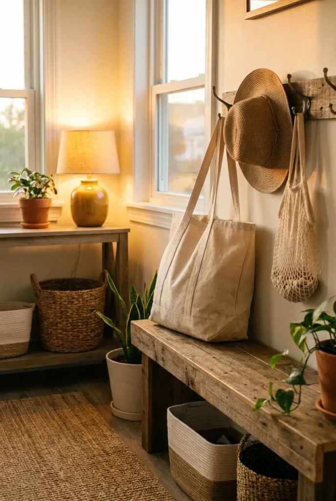 Beach bag organization post-beach reset with the tote staged in an entryway drop zone