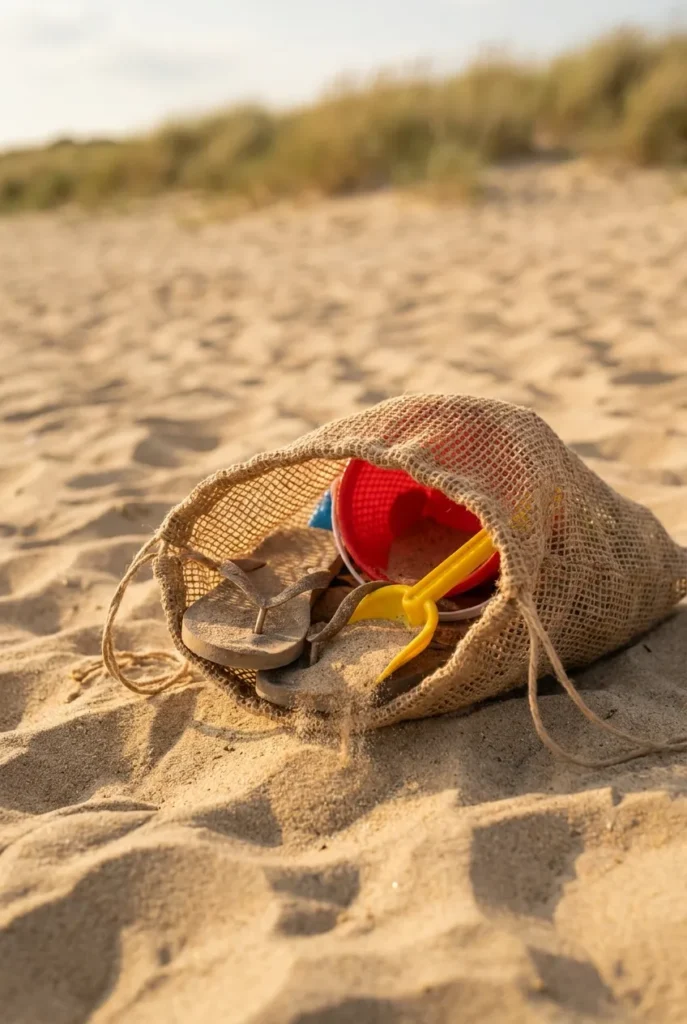 Beach bag organization sand control with a mesh bag for sandy flip-flops and toys