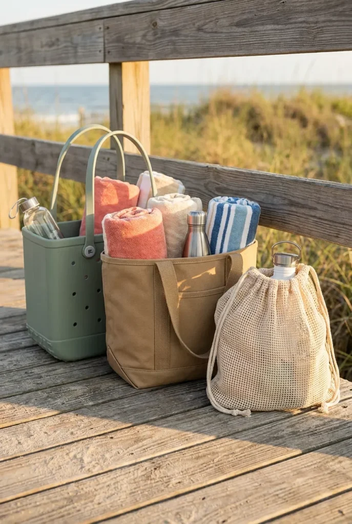 Beach bag organization bag comparison with rubber tote, canvas tote, and mesh tote