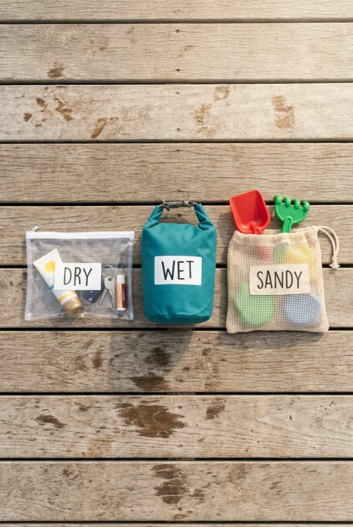 Beach bag organization Wet-Dry-Sandy System with three labeled pouches