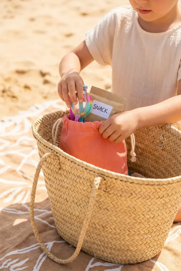 Beach bag organization with kids using color-coded pouches for goggles and snacks