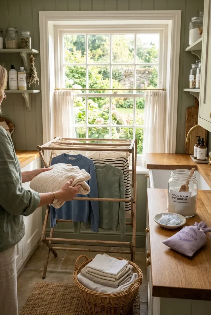 removing clean cashmere sweater from drying rack as part of summer closet organization