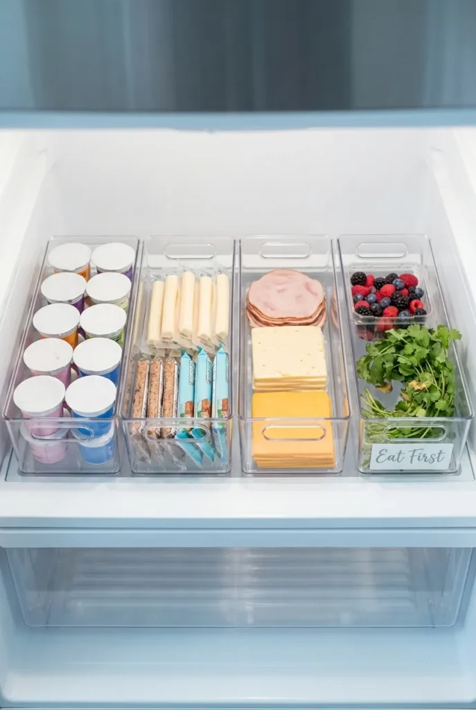 Clear acrylic bins organize yogurt, snacks, deli meat, and an eat-first basket on a fridge shelf.
