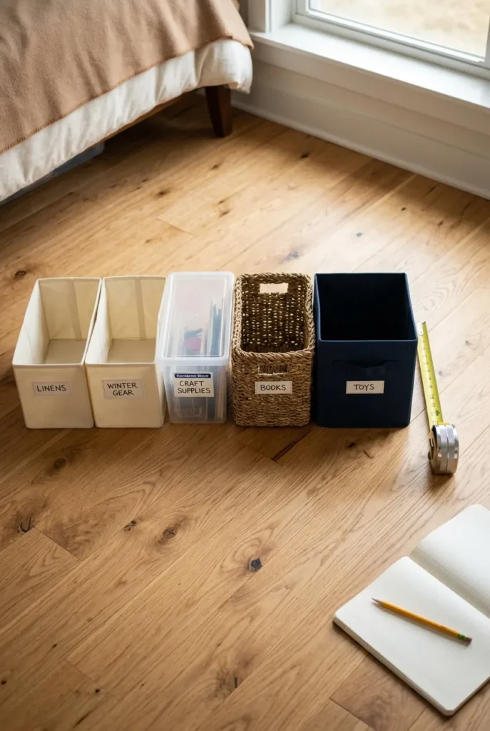 Storage bins measured against tape for closet organization mistakes fix