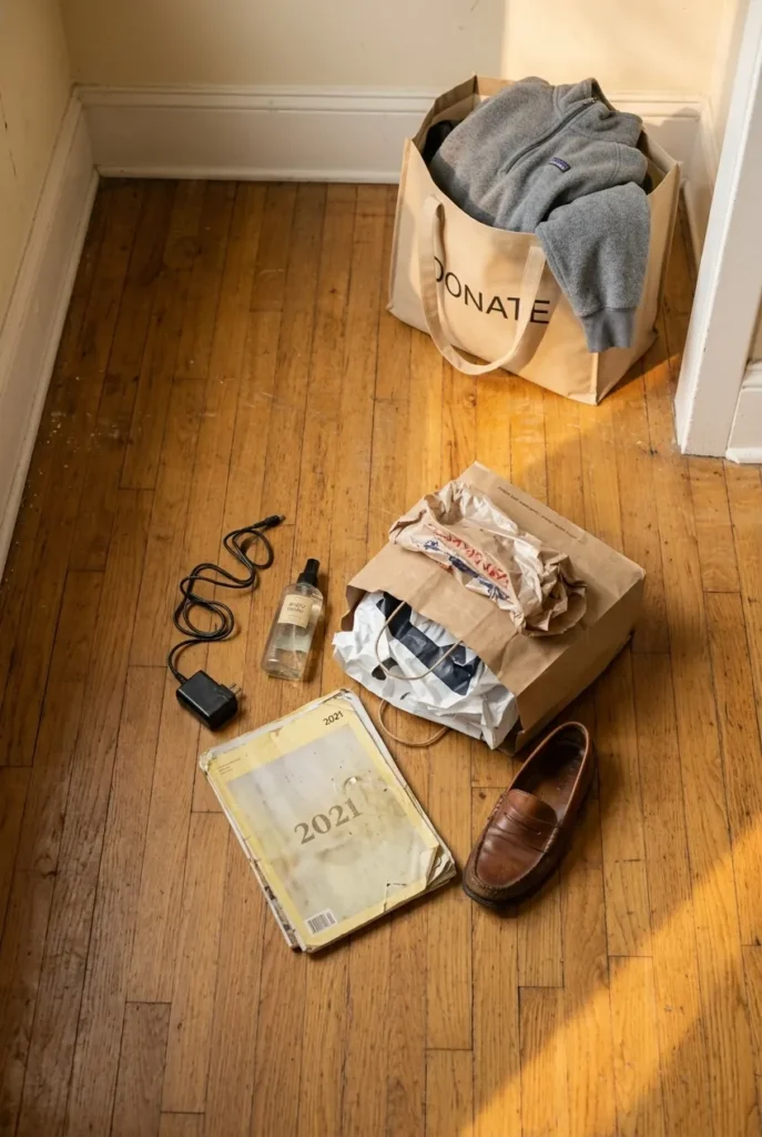 Closet floor mid-declutter showing junk drawer closet mistake fix