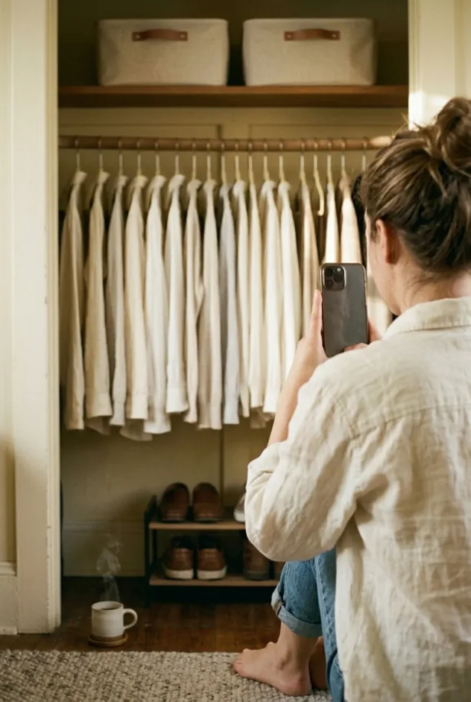 Woman photographing her organized closet to test top half closet mistakes fix