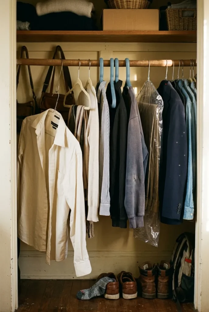 Real lived-in reach-in closet showing common closet organization mistakes with mismatched hangers