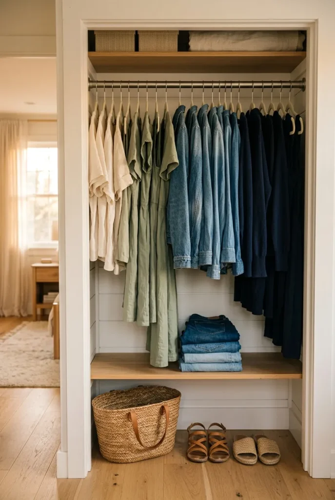 Reach-in closet styled by color for summer closet organization with matching velvet hangers