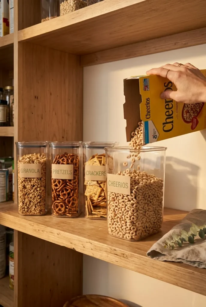 Decanting opened cereal and crackers into clear containers to prevent expired pantry items.