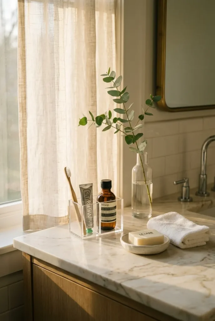 Decluttered bathroom counter after toss session with calm minimal styling in warm afternoon light.
