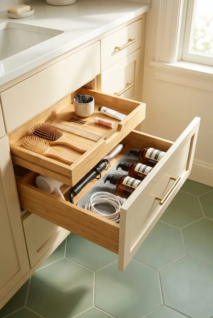 Deep bathroom drawer organization with bamboo two tier system showing top tray slid open over hair tools.
