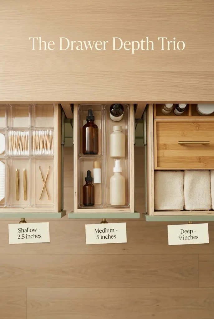 Drawer Depth Trio system showing shallow, medium and deep bathroom drawer organization side by side.