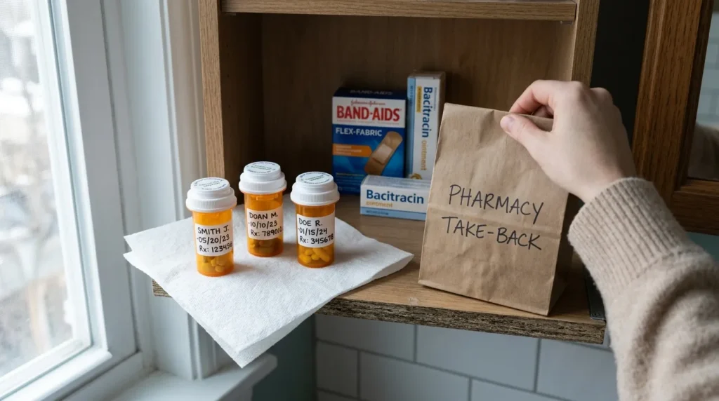 Expired medications pulled from a bathroom medicine cabinet for safe pharmacy take-back disposal.