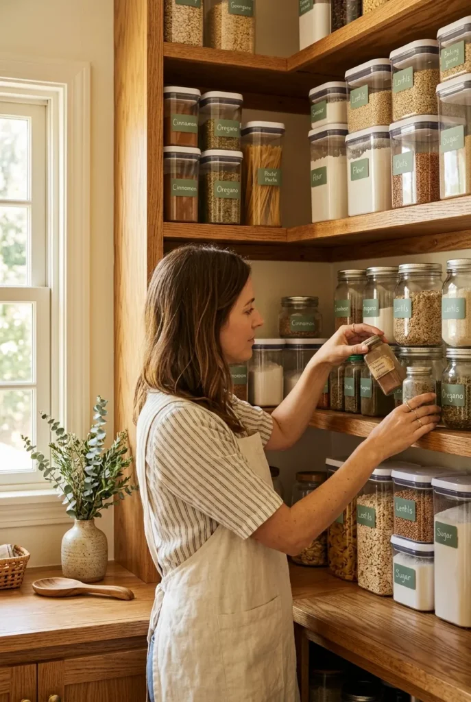 Expired pantry items audit in a sunlit cream and sage organized pantry.