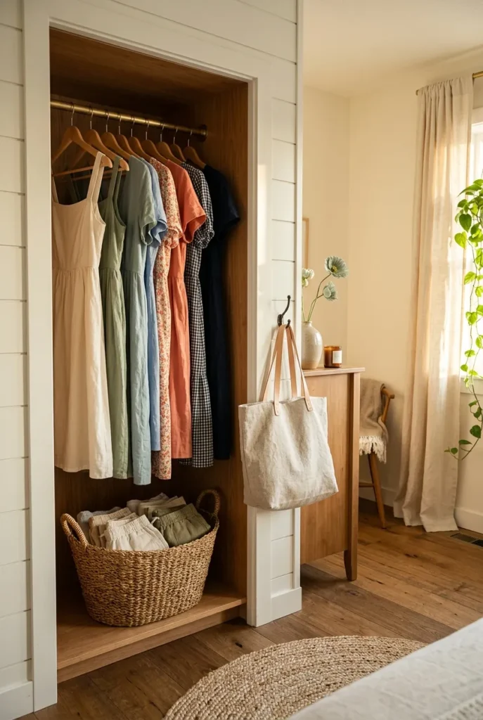 Aspirational finished summer closet organization in a small reach-in closet at golden hour