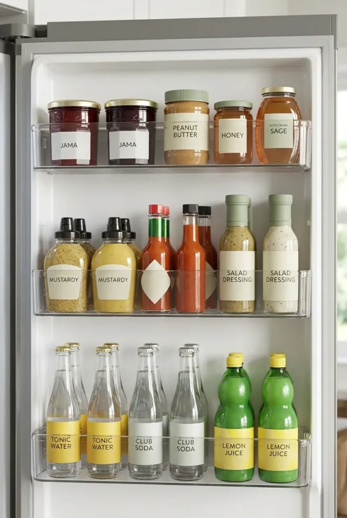 Fridge door organized with condiments grouped into breakfast, dinner, and mixer rows