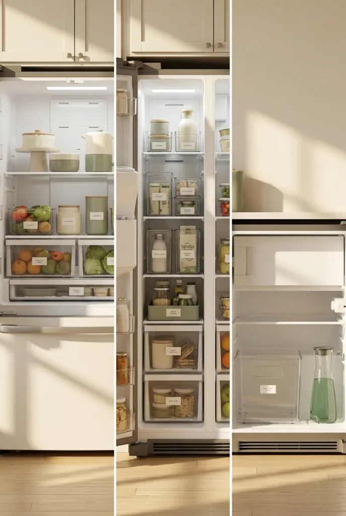 French door, side by side, and small dorm fridge organization layouts compared side by side.