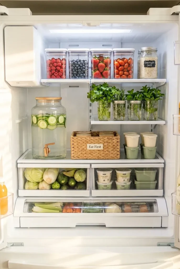 Fridge organization ideas with clear bins, labeled eat-first basket, and herb mason jars in a French-door fridge.