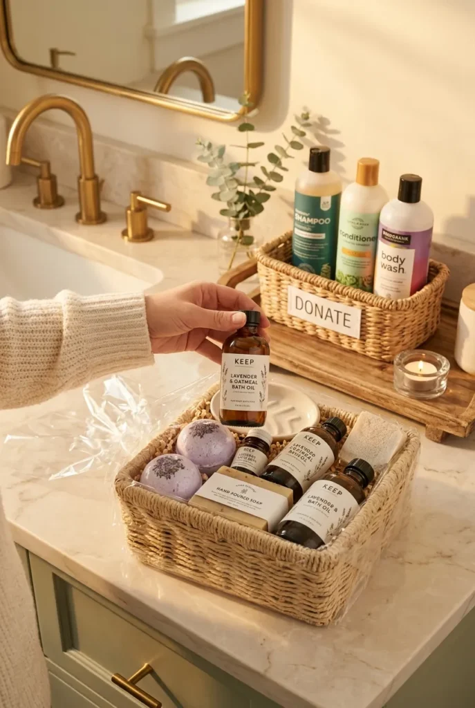 Unopened gifted bath set being decluttered with one bottle kept and three sealed bottles going to donate.