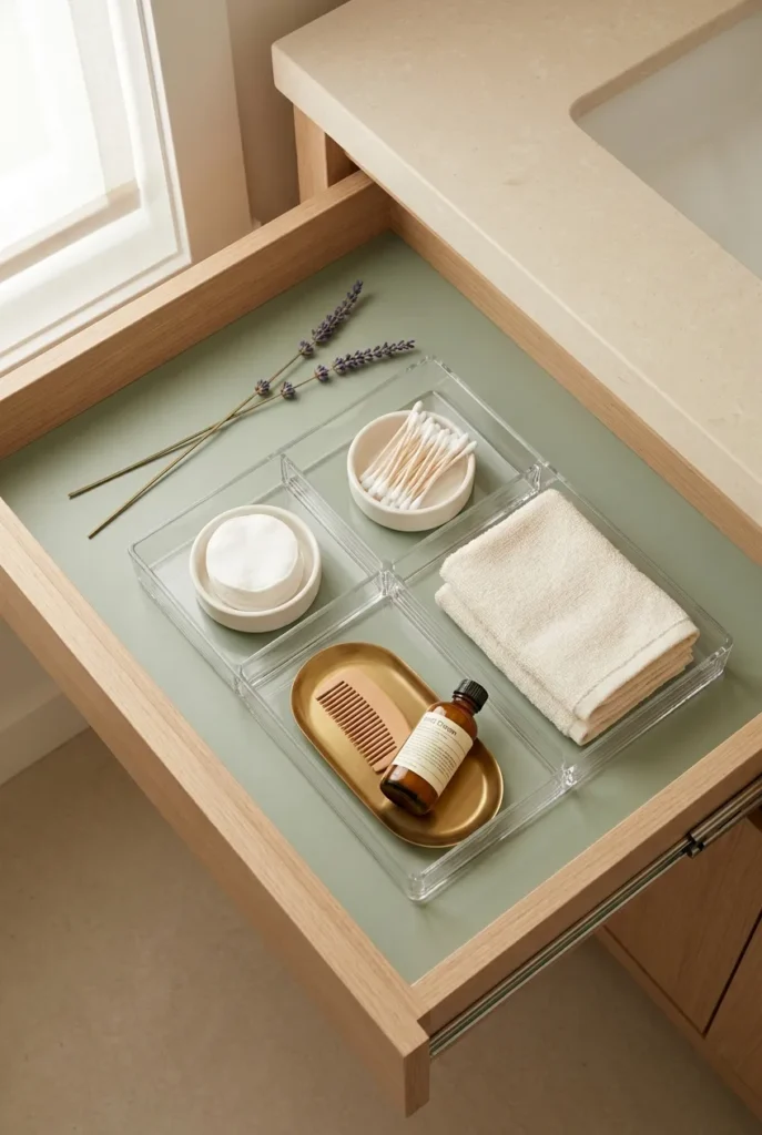 Guest bathroom drawer organization with cotton rounds, swabs, hand cream and folded washcloths.