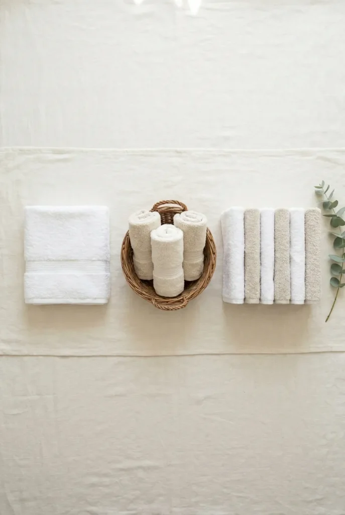 Three towel folding methods compared: thirds fold, rolled, and file fold for different shelf depths.