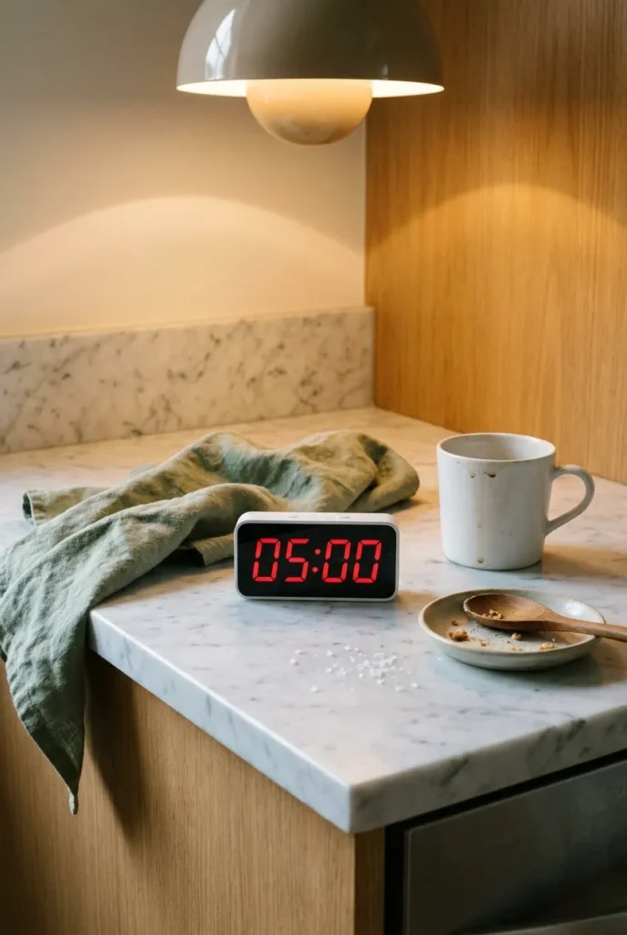 A five minute timer on a marble counter representing the fallback kitchen reset for tired nights