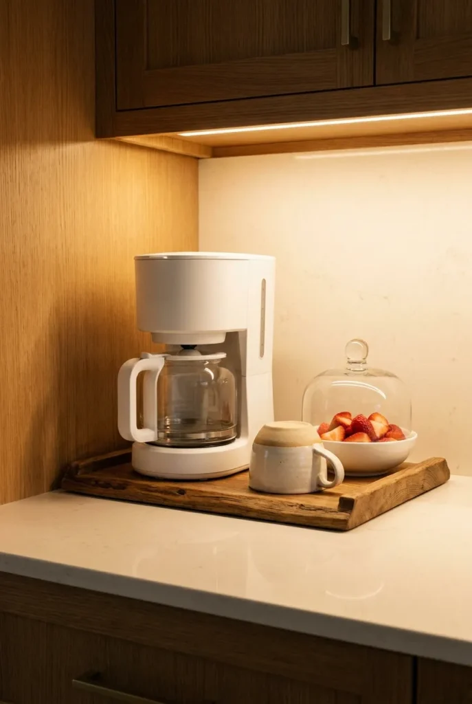 Coffee station and breakfast prep during phase three of the kitchen reset routine setup for tomorrow