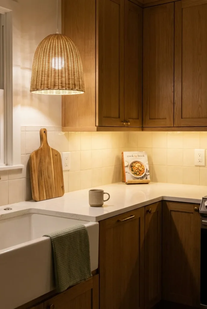 Kitchen reset routine hero showing a tidy quartz counter with sage towel and warm under cabinet lighting at night