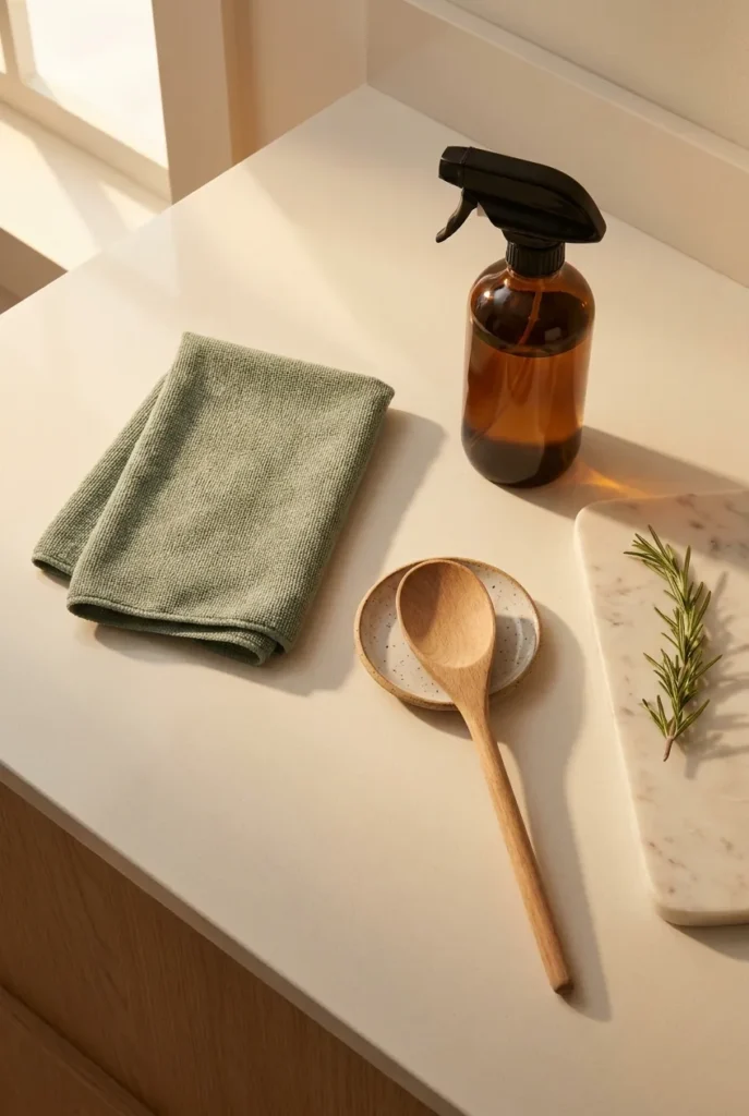 Daily kitchen reset essentials overhead with microfiber cloth amber spray bottle and wood spoon on marble