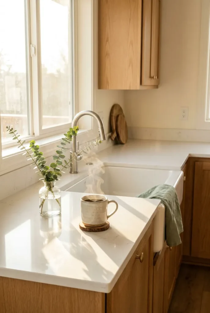 A reset kitchen the morning after a 15 minute weeknight close routine with coffee and sunrise light
