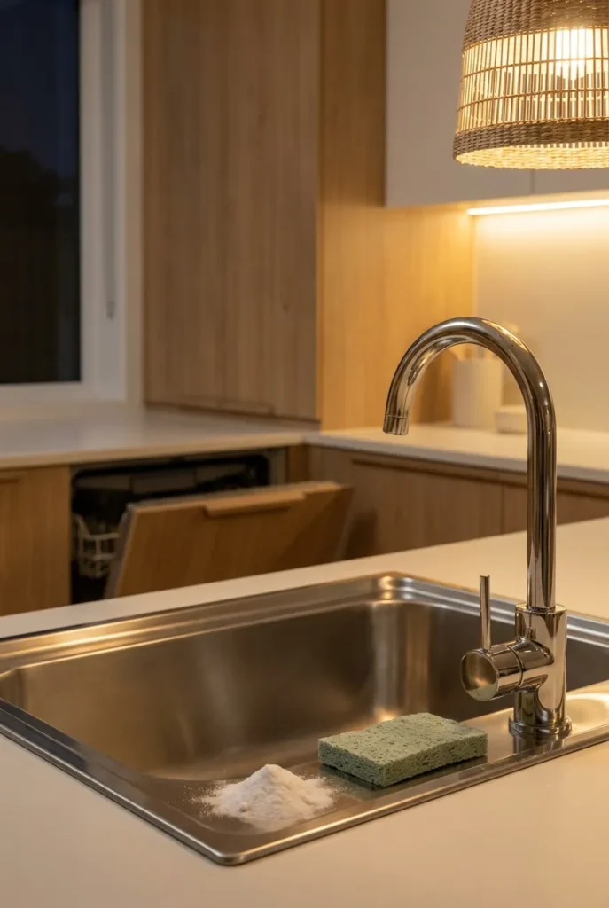 Cleaning the kitchen sink with baking soda during phase two of the daily kitchen reset