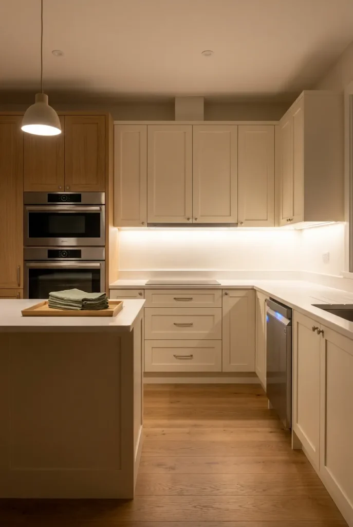 A reset kitchen at night showing clear counters with the oven and pantry intentionally untouched