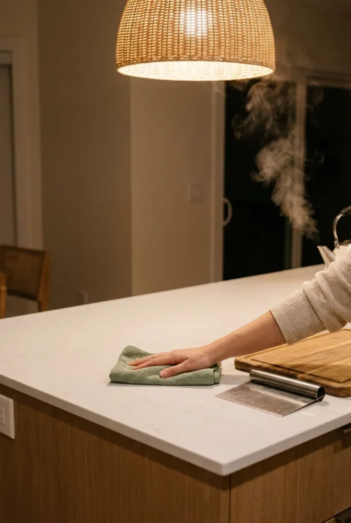 Wiping a quartz counter during the surfaces phase of a 15 minute kitchen reset routine