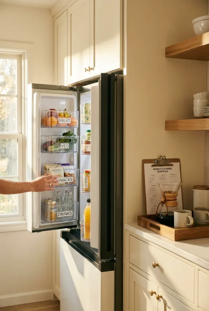 Sunday weekly kitchen reset showing organized fridge bins and a printed cleaning schedule on a wood tray