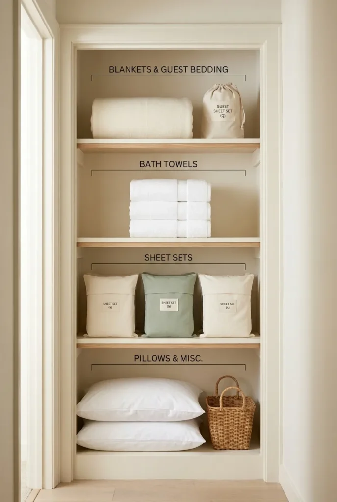 Linen closet shelves labeled by use frequency: rarely used, daily, weekly, and heavy bulk items.