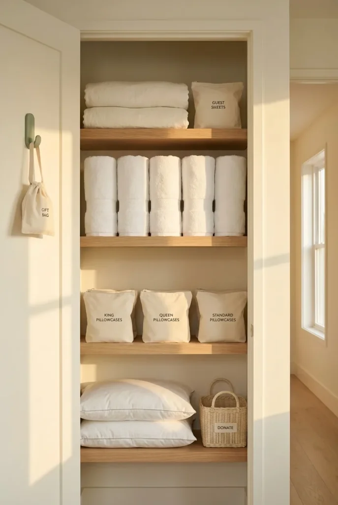 Fully organized linen closet using the 4-Shelf Reset with pillowcase pouches and shop-your-home bins.