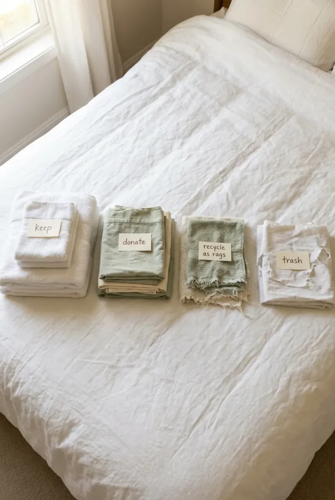 Linen closet decluttering with four sorted piles on a bed: keep, donate, recycle as rags, and trash.
