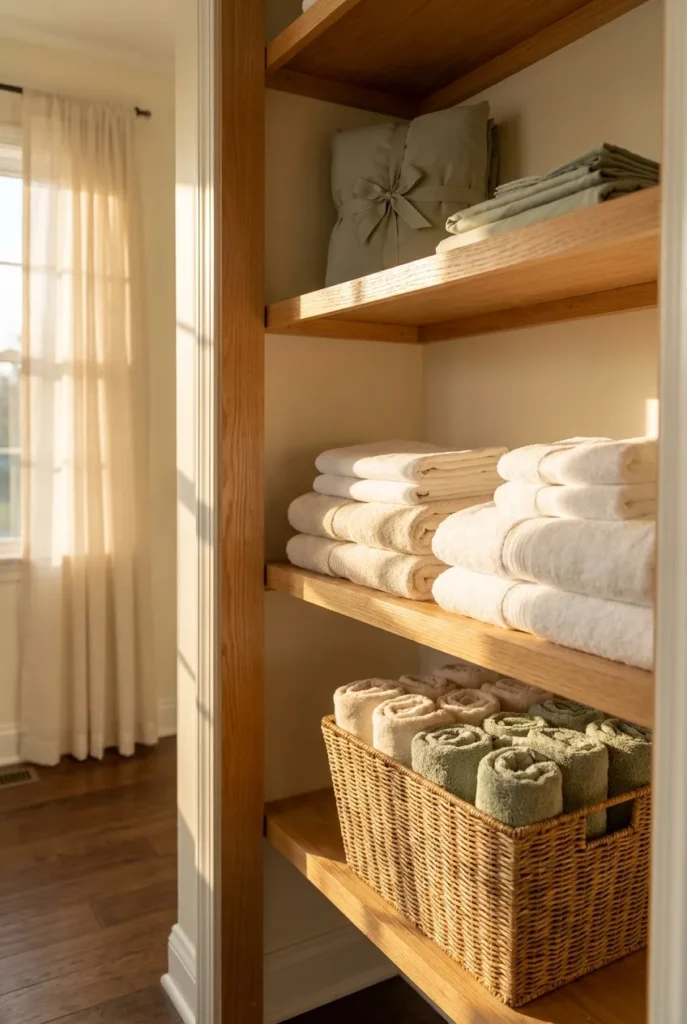 Organized linen closet with folded towels, rolled hand towels, and pillowcase pouches on wood shelves.