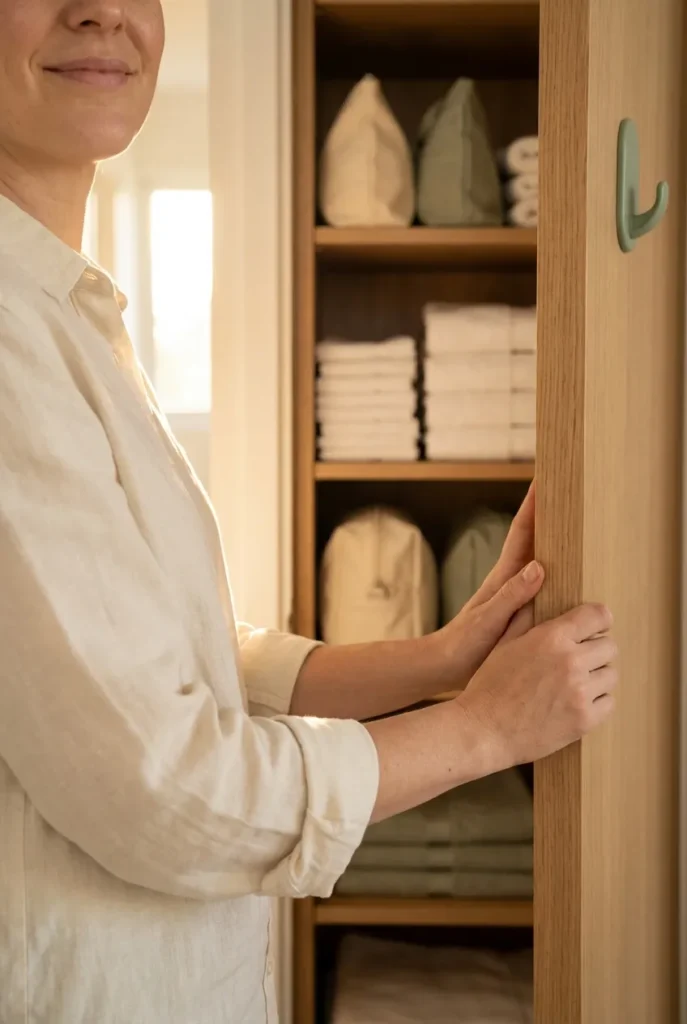 Woman standing in front of an organized linen closet with file-folded towels and sheet pouches.