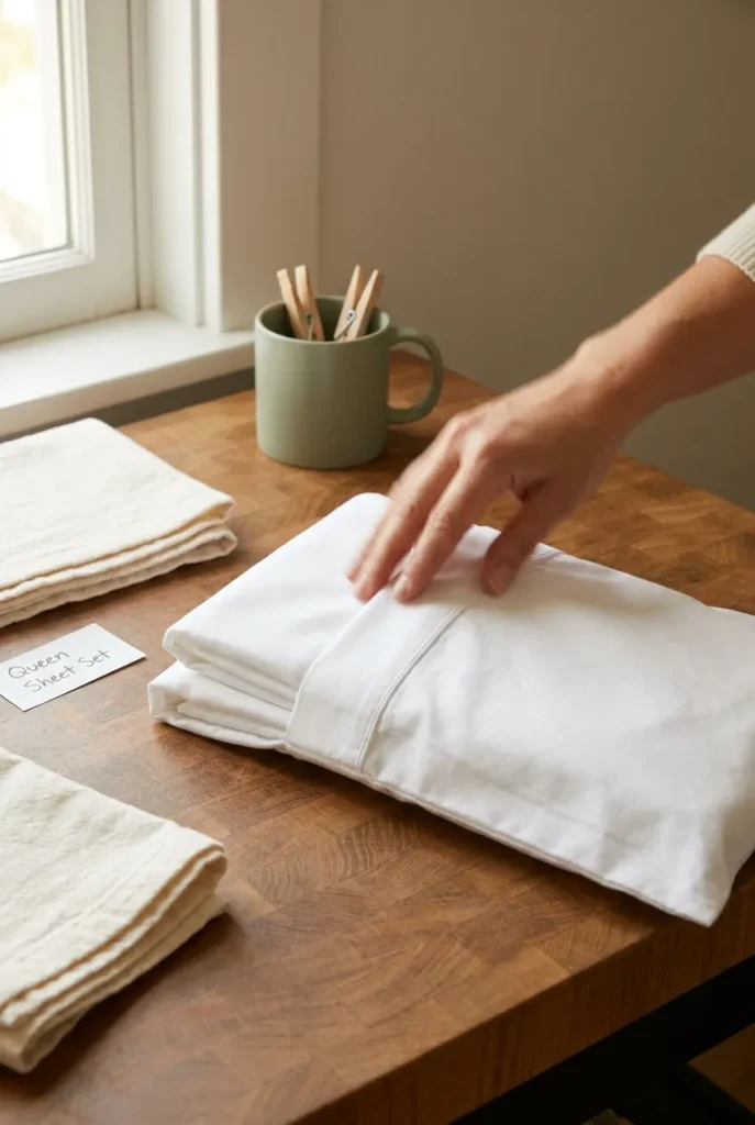 Hand folding a white sheet set into a matching pillowcase pouch on a wood counter.